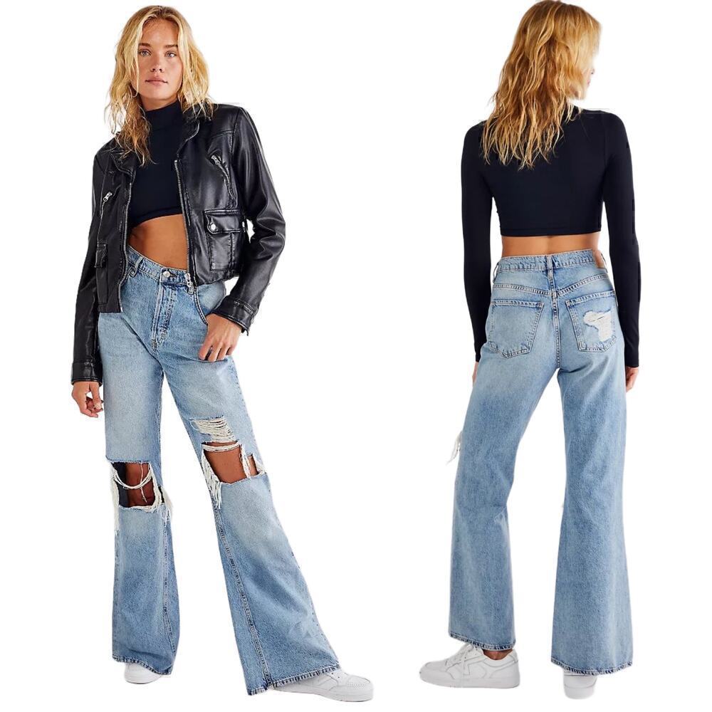 Free People Flare Jeans Size 31 New Dawn in Victoria Blue Distressed Revolve